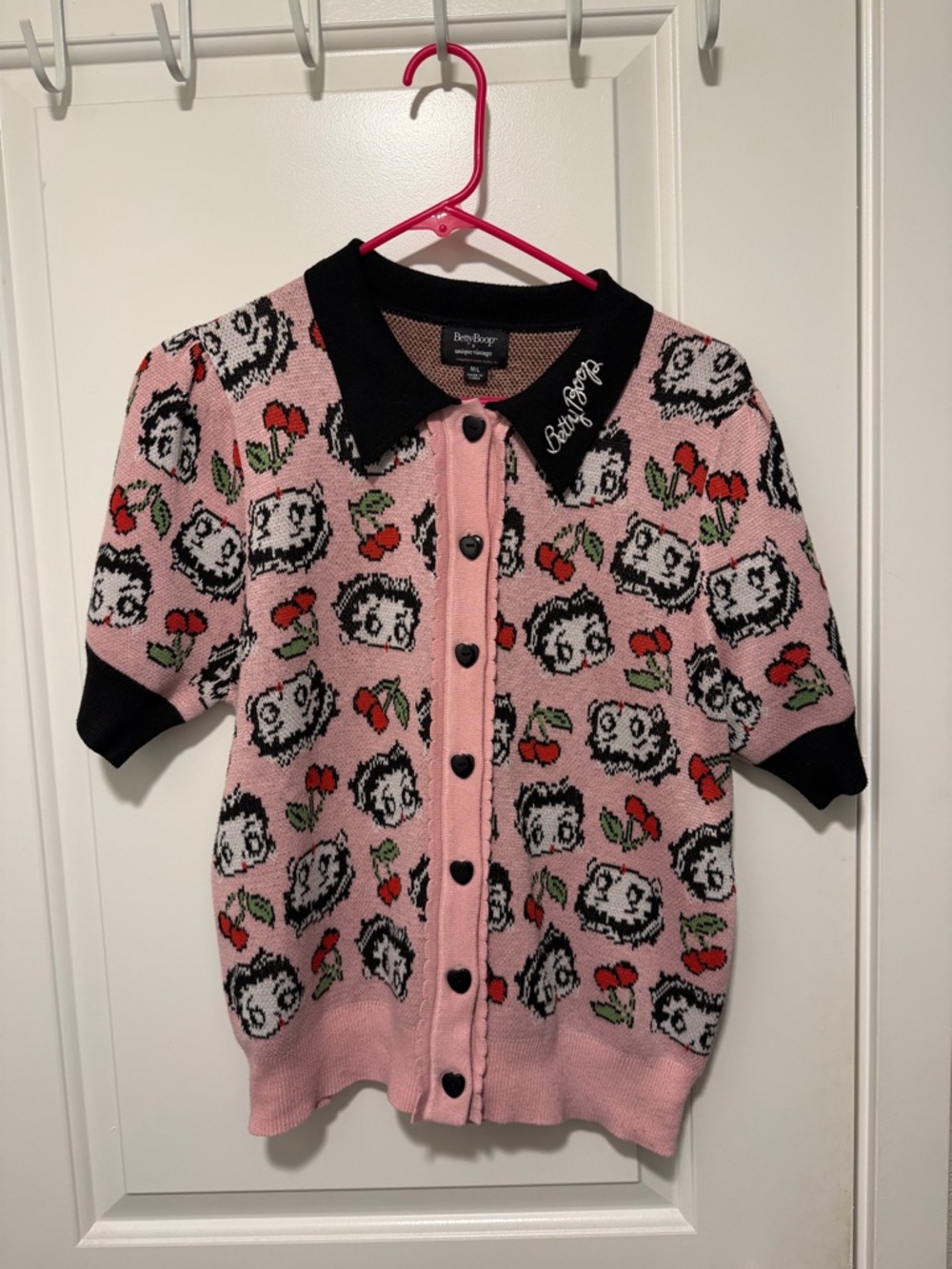 Unique Vintage Pink Betty Boop Knit Polo Cardigan with Black Trim